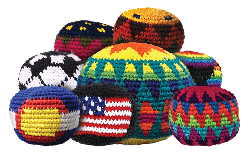 Footbag - standard kicksack - 12 Pack Buena Onda Games | Handmade, Fair Trade, Crochet, Knit, Cloth Toys, Indoor, Outdoor Games, Party, Backyard Games, Sports, Beach Lake Toys
